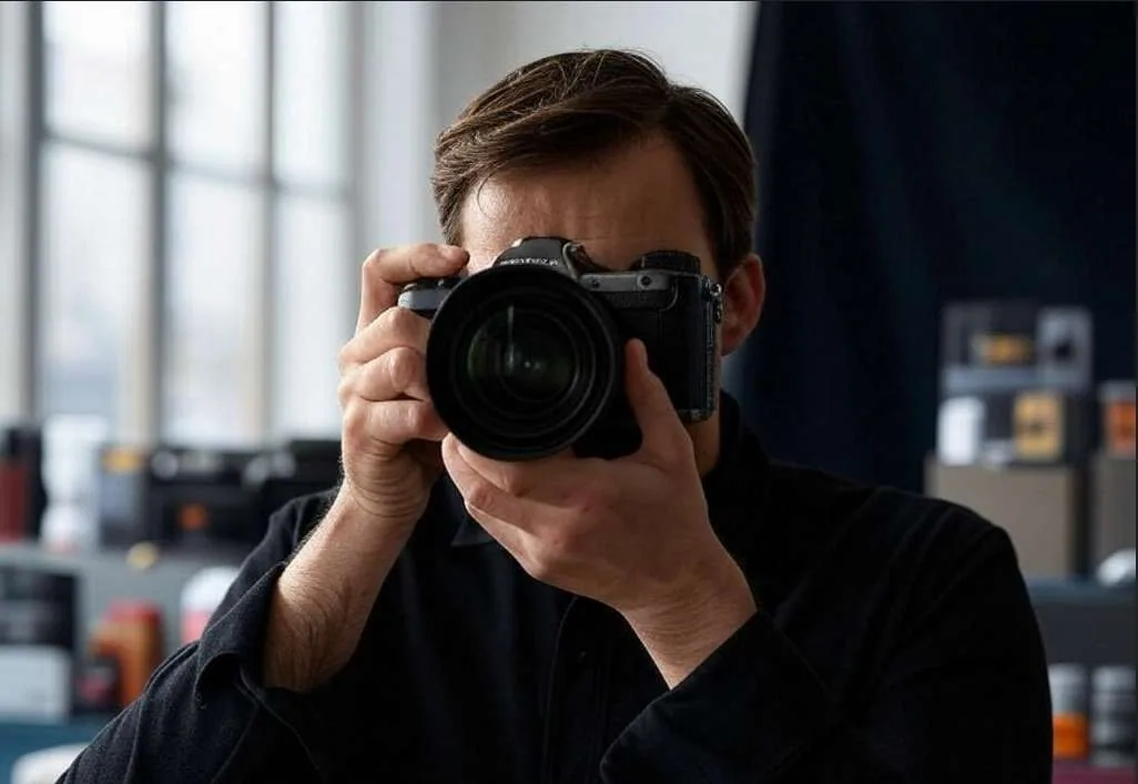 Photographer in a Chinese studio taking product photos for e-commerce